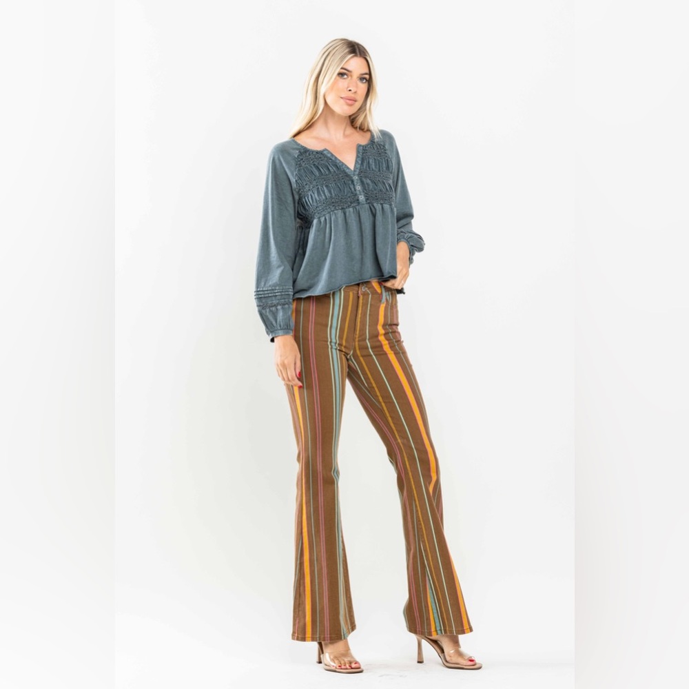 Judy Blue Brown Multi-Stripe Flare Jeans, Size 14 - Picture 2 of 9
